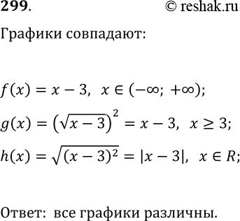 Решение задачи: 299. Даны функции f(x)=x-3, g(x)=(v(x-3))^2 и h(x)=v(x-3)^2. Графики каких из этих функций совпадают? *Цитирирование задания со ссылкой на учебник производится исключительно в учебных целях для лучшего понимания разбора решения задания.