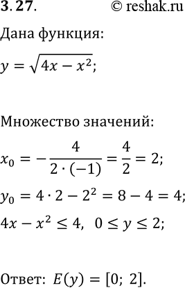 Решение задачи: 3.27. Найдите область значений функции y=v(4x-x^2). *Цитирирование задания со ссылкой на учебник производится исключительно в учебных целях для лучшего понимания разбора решения задания.