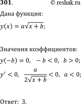 Решение задачи: 301. На рисунке 10 изображён график функции y=av(x+b). Укажите верное утверждение: 1) a > 0, b > 0; 3) a 0;