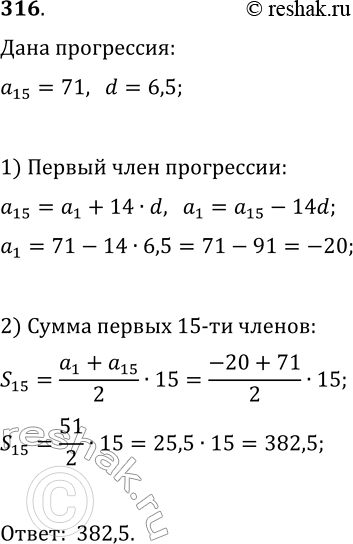 Решение задачи: 316. Найдите сумму пятнадцати первых членов арифметической прогрессии (a_n), если a_15=71, d=6,5. *Цитирирование задания со ссылкой на учебник производится исключительно в учебных целях для лучшего понимания разбора решения задания.