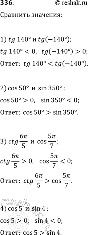 Решение задачи: 336. Сравните: 1) tg(140°) и tg(-140°); 3) ctg(6?/5) и cos(5?/7); 2) cos(50°) и sin(350°); 4) cos(5) и sin(4). *Цитирирование задания со ссылкой на учебник производится исключительно в учебных целях для лучшего понимания разбора решения задания.