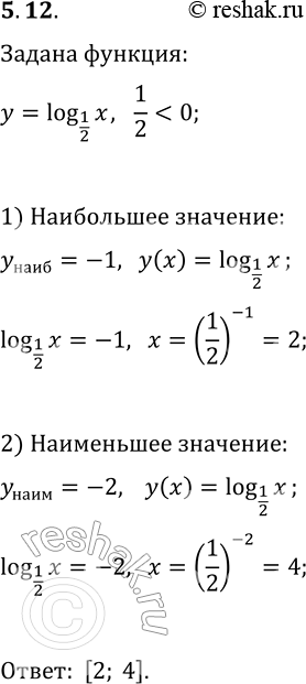 Решение задачи: 5.12. На каком промежутке наибольшее значение функции y=log_(1/2) x равно -1, а наименьшее равно -2? *Цитирирование задания со ссылкой на учебник производится исключительно в учебных целях для лучшего понимания разбора решения задания.