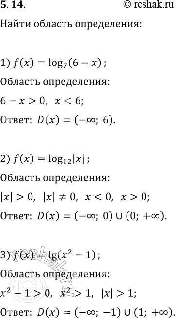 Решение задачи: 5.14. Найдите область определения функции: 1) f(x)=log_7 (6-x); 4) f(x)=log_0,4 (7x-x^2); 2) f(x)=log_12 |x|; 5) f(x)=lg (x+2)-2lg (x+5); 3) f(x)=lg (x^2-1);