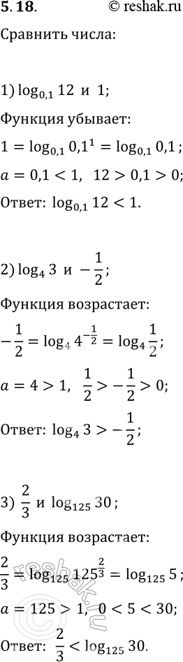 Решение задачи: 5.18. Сравните: 1) log_0,1 12 и 1; 2) log_4 3 и -1/2; 3) 2/3 и log_125 30. *Цитирирование задания со ссылкой на учебник производится исключительно в учебных целях для лучшего понимания разбора решения задания.