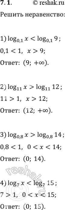 Решение задачи: 7.1. Решите неравенство: 1) log_0,1 x 2) log_11 x > log_11 12; 6) log_8 (2x-3) > log_8 7; 3) log_0,8 x >