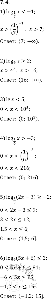 Решение задачи: 7.4. Решите неравенство: 1) log_(1/7) x 2) log_4 x > 2; 4) log_(1/6) x > -3; 6) log_9 (5x+6)?2. *Цитирирование задания со ссылкой на учебник производится исключительно в учебных целях для лучшего понимания разбора решения задания.