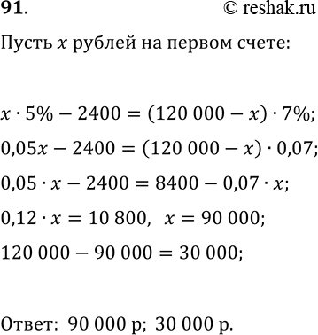 Решение задачи: 91. Вкладчик положил в банк 120 000 р. на два разных счёта. По первому из них банк выплачивает 5% годовых, а по второму — 7% годовых.