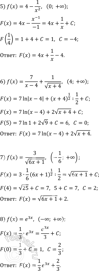 Решение задачи: 10.5. Для функции f на промежутке I найдите первообразную F, удовлетворяющую данному условию: 1) f(x)=1-2x, I=(-?; +?), F(3)=2; 2) f(x)=3x^2-4x, I=(-?;
