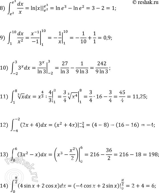 Решение задачи: 11.3. Вычислите определённый интеграл: 1) ?(5; 7)xdx; 6) ?(?/4; ?/3)dx/cos^2(x); 1) ?(1; 8)x^(1/3)dx; 2) ?(3; 8)dx; 7) ?(16; 100)dx/vx; 12) ?(-4;