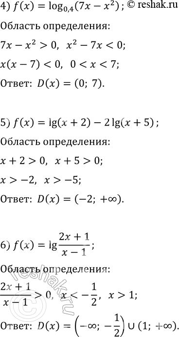Решение задачи: 5.14. Найдите область определения функции: 1) f(x)=log_7 (6-x); 4) f(x)=log_0,4 (7x-x^2); 2) f(x)=log_12 |x|; 5) f(x)=lg (x+2)-2lg (x+5); 3) f(x)=lg (x^2-1);
