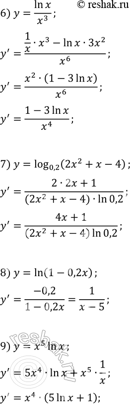 Решение задачи: 8.3. Найдите производную функции: 1) y=log_9 x; 6) y=ln x/x^3; 2) y=ln (2x); 7) y=log_0,2 (2x^2+x-4); 3) y=lg (x^2-4); 8) y=ln (1-0,2x);
