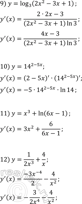 Решение задачи: 404. Найдите производную функции: 1) y=x^6+2x^4+4/x^2-1; 7) y=tg(x/6); 2) y=(x^2+x+1)(x^2-4x+1); 8) y=(2x-1)^6; 3) y=(3x-1)/(x^2+1); 9) y=log(3, 2x^2-3x+1); 4) y=(3-2x)vx; 10) y=14^(2-5x);
