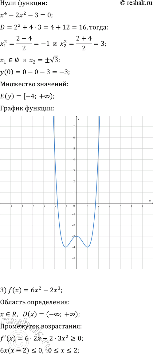 Решение задачи: 427. Исследуйте функцию и постройте её график: 1) f(x)=x^3-9x; 5) f(x)=4+x^2-1/4 x^4; 2) f(x)=x^4-2x^2-3; 6) f(x)=x^2/(x^2-4); 3) f(x)=6x^2-2x^3; 7) f(x)=x^2+1/x^2; 4) f(x)=(x^2-2)^2;