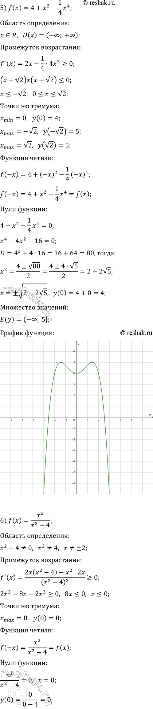Решение задачи: 427. Исследуйте функцию и постройте её график: 1) f(x)=x^3-9x; 5) f(x)=4+x^2-1/4 x^4; 2) f(x)=x^4-2x^2-3; 6) f(x)=x^2/(x^2-4); 3) f(x)=6x^2-2x^3; 7) f(x)=x^2+1/x^2; 4) f(x)=(x^2-2)^2;