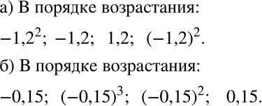 Решение задачи: Расположите в порядке возрастания числа: а) -1,2; —1,2^2; 1,2; (-1,2)2; б) 0,15; -0,15; (-0,15)2; (-0,15)3. *Цитирирование задания со ссылкой на учебник производится исключительно в учебных целях для лучшего понимания разбора решения задания.
