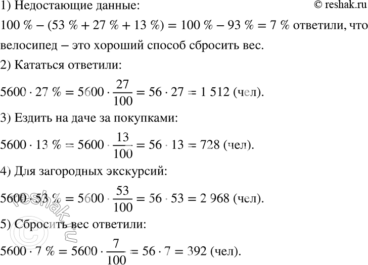 Решение задачи: На диаграмме (рис. 1.7) представлены результаты опроса «Для чего вы покупаете велосипед?». Найдите недостающие на диаграмме данные и вычислите, сколько человек дали каждый из ответов, если было опрошено 5600 человек.