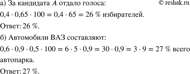 Решение задачи: а) В голосовании на выборах в окружную администрацию приняло участие 65% избирателей округа, 40% из них проголосовало за кандидата А. Сколько процентов избирателей данного округа отдало голоса за этого кандидата?