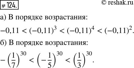 Решение задачи: Расположите в порядке возрастания числа: а) -0,11, (-0,11)2, (-0,11)3, (-0,11)4; б) (1/3)30, (-1/5)30, -(1/7)30. *Цитирирование задания со ссылкой на учебник производится исключительно в учебных целях для лучшего понимания разбора решения задания.