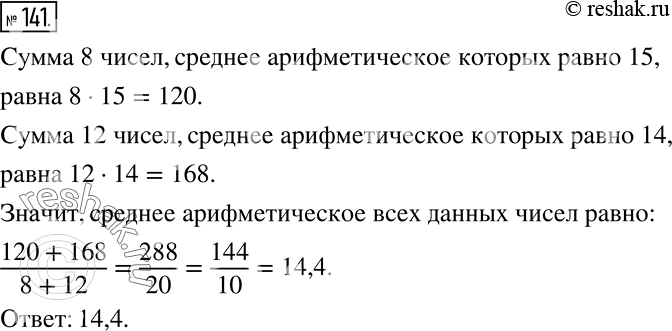 Решение задачи: Среднее арифметическое некоторых восьми чисел равно 15, а среднее арифметическое других двенадцати чисел равно 14. Найдите среднее арифметическое всех этих чисел.