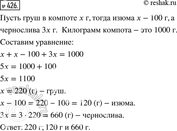 Решение задачи: Решите задачу с помощью уравнения (426 — 435). 426 В одном килограмме компота из сухофруктов груш на 100 г больше, чем изюма, и в 3 раза меньше, чем чернослива.