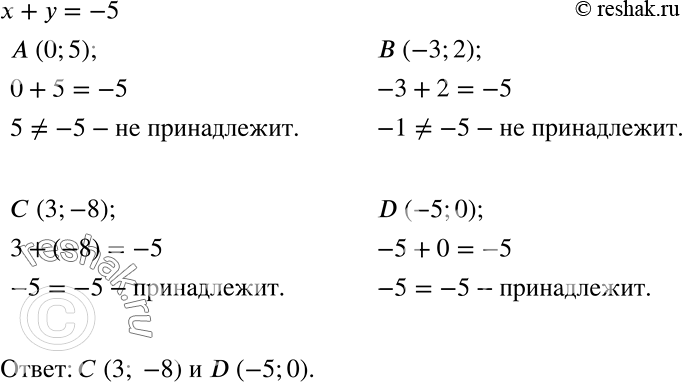 Решение задачи: Из точек А(0; 5), В(-3; 2), 0(3; -8) и D(-5; 0) выберите те, которые принадлежат графику зависимости х + y = - 5.