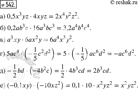 Решение задачи: Упростите выражение: а) 0,5x3yz * 4xyz; б) 0,2ab3c * 16a3bc3; в) a3xy * 6ax2y; г) 5ac4 * (-1/5*c2d2); д) -1/2 * bd * (-4b2c);