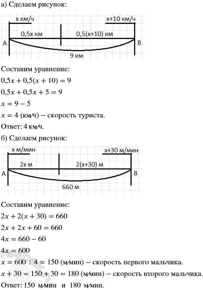 Решение задачи: Решите задачу (чтобы легче было составить уравнение, сделайте рисунок, 758—760). 758 а) Турист вышел из пункта А по направлению к пункту В, расстояние до которого равно 9 км.