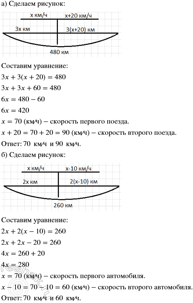 Решение задачи: а) Два поезда, встретившись на разъезде, продолжали движение каждый в своём направлении. Скорость одного из них на 20 км/ч больше скорости другого.