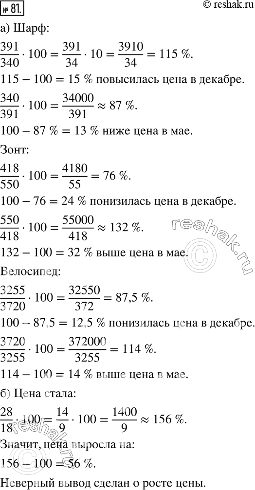 Решение задачи: Практическая ситуация а) В таблице указаны цены на некоторые товары в мае и декабре. Товар Шарф Зонт Велосипед Цена в мае 340 р.