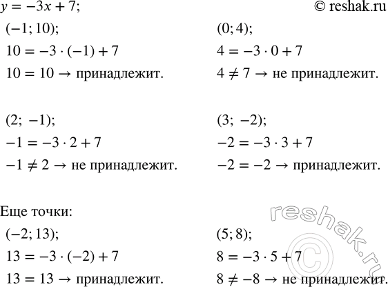 Решение задачи: Какие из точек (-1; 10), (0; 4), (2; -1), (3; -2) принадлежат графику функции у = -3х + 7? Запишите координаты ещё двух каких-либо точек, одна из которых принадлежит этому графику, а другая нет.