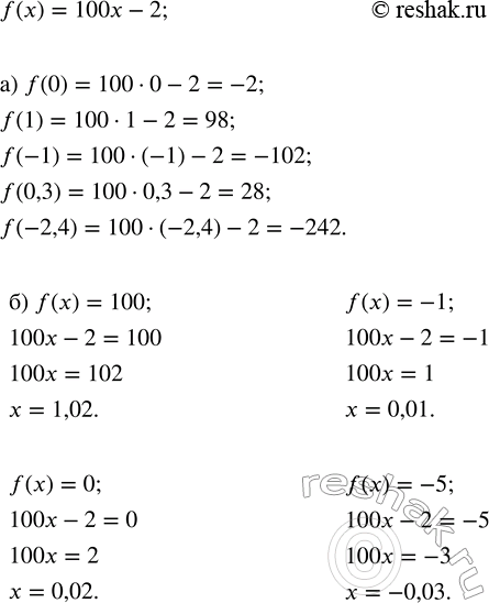 Решение задачи: Дана линейная функция f(x) = 100x - 2. а) Найдите f(0), f(1), f(-1), f(0,3), f(-2,4). б) Найдите значение х, при котором f(x) = 100, f(x) = -1, f(x) = 0, f(x) = -5.