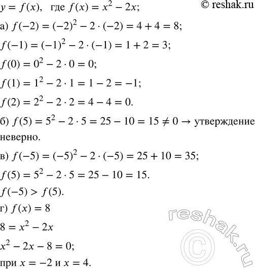 Решение задачи: Дана функция у = f(x); где f(x) = x^2 - 2х. а) Найдите значения функции для значений аргумента, равного: -2; -1;
