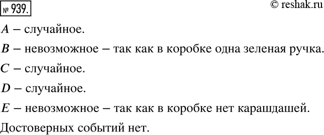Решение задачи: В коробке лежат 10 красных, одна зелёная и две синие ручки. Из коробки наугад вынимают две ручки. Какие из следующих событий невозможные, достоверные: