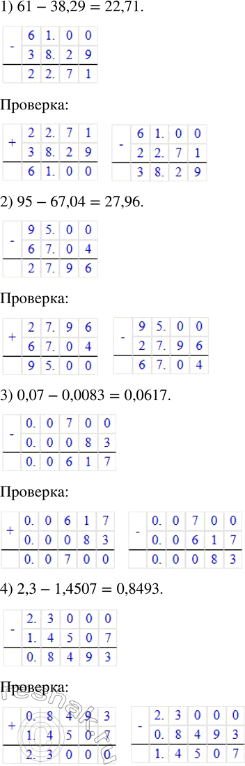 Решение задачи: Найти разность и проверить результат двумя способами: 1) 61 - 38,29; 2) 95 - 67,04; 3) 0,07 - 0,0083; 4) 2,3 - 1,4507.