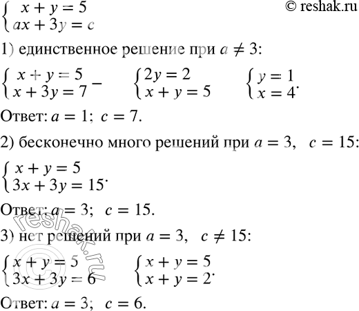 Решение задачи: Подобрать такие значения a и c, чтобы система уравнений {(x+y=5 имела: 1) единственное решение; 2) бесконечно много решений; 3) не имела решений.