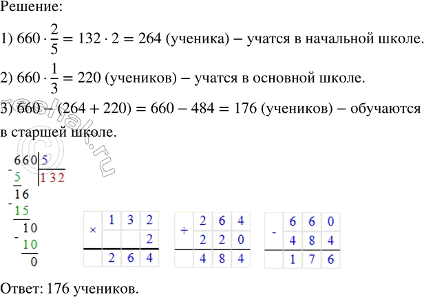 Решение задачи: В школе обучаются 660 учеников. Из них 2/5 учатся в начальной школе, 1/3 — в основной, остальные — в старшей. Сколько учеников обучаются в старшей школе?