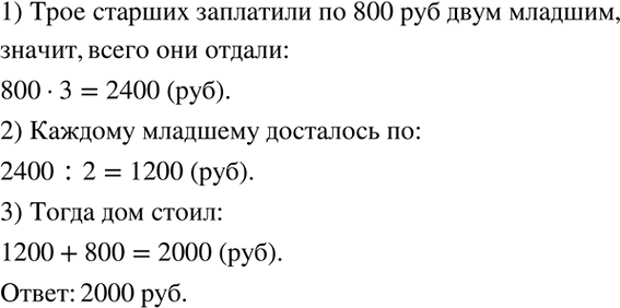 Решение задачи: (Задача из «Азбуки» Л. Н. Толстого.) Пять братьев разделили после отца наследство поровну. В наследстве было три дома. Три дома нельзя было делить, их взяли старшие три брата.
