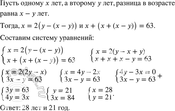 Решение задачи: Мне теперь вдвое больше лет, чем было вам тогда, когда мне было столько лет, сколько вам теперь; а когда вам будет столько лет, сколько мне теперь, то нам будет обоим вместе 63 года.
