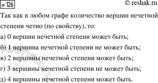 Решение задачи: 126. Может ли количество вершин нечётной степени в каком-нибудь графе равняться: а) 0; б) 1; в) 2; г) 3; д) 4?