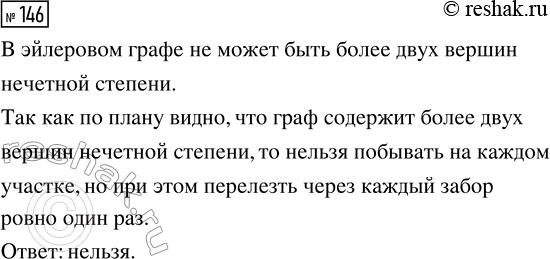 Решение задачи: 146. Пять участков отделены друг от друга заборами (см. план на рис. 40). Можно ли побывать на каждом участке, но при этом перелезть через каждый забор ровно один раз?