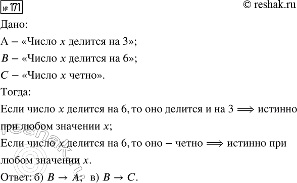 Решение задачи: 171. Даны три высказывания: A «Число х делится на 3», В «Число х делится на б», С «Число х чётно». Какие из следующих высказываний истинны при любом значении х: