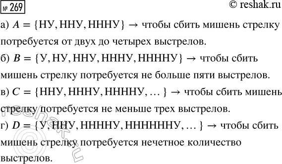 Решение задачи: 269. Стрелок в тире стреляет по мишени, пока не собьёт её. Опишите словами следующие события: а) А = {НУ, ННУ, НННУ};