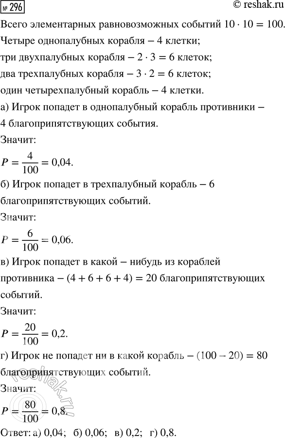 Решение задачи: 296. По правилам игры «Морской бой» на поле 10 х 10 клеток размещаются четыре однопалубных корабля (по одной клетке), три двухпалубных, два трёхпалубных и один четырёхпалубный (рис.