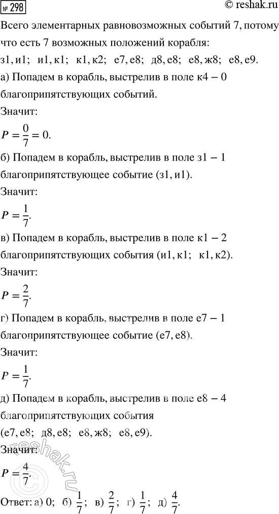 Решение задачи: 298. На рисунке 69 показано положение в игре «Морской бой». Красным цветом показаны потопленные корабли противника. У противника остался только один двухпалубный корабль, положение которого неизвестно.