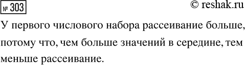 Решение задачи: 303. На рисунке 74 изображены два числовых набора на координатной прямой. У какого из них, на ваш взгляд, рассеивание больше? *Цитирирование задания со ссылкой на учебник производится исключительно в учебных целях для лучшего понимания разбора решения задания.