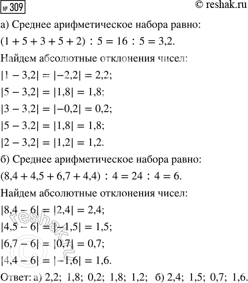 Решение задачи: 309. Для данного числового набора найдите абсолютные отклонения чисел: а) 1, 5, 3, 5, 2; б) 8,4, 4,5, 6,7, 4,4. *Цитирирование задания со ссылкой на учебник производится исключительно в учебных целях для лучшего понимания разбора решения задания.