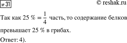 Решение задачи: 31. На диаграмме 11 показано содержание питательных веществ в четырёх разных продуктах. Определите по диаграмме, в каком продукте содержание белков превышает 25 %.