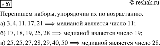 Решение задачи: 57. Найдите медиану набора чисел: а) 11, 3, 21, 4, 17; б) 25, 17, 19, 28, 18; в) 25, 50, 25, 29, 27, 40, 28.