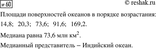 Решение задачи: 60. Пользуясь таблицей 19 (с. 24), найдите медиану величины «площадь поверхности океана» и медианного представителя. *Цитирирование задания со ссылкой на учебник производится исключительно в учебных целях для лучшего понимания разбора решения задания.