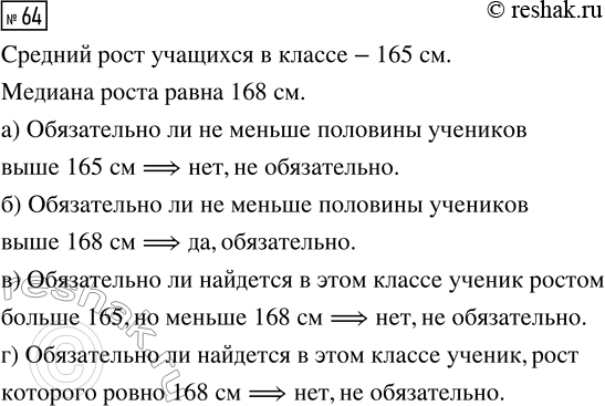 Решение задачи: 64. Средний рост учащихся в классе — 165 см. Медиана роста равна 168 см. а) Обязательно ли не меньше половины учеников выше 165 см?
